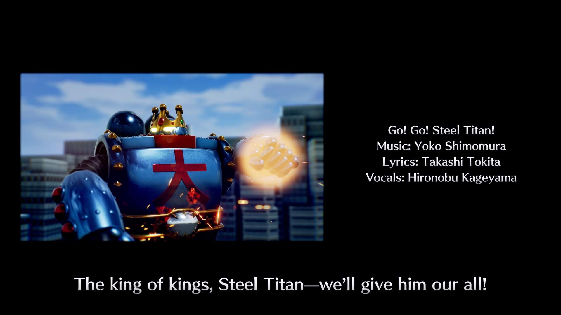 Una imagen del titán de acero con un puño brillante, al lado de algunos créditos.